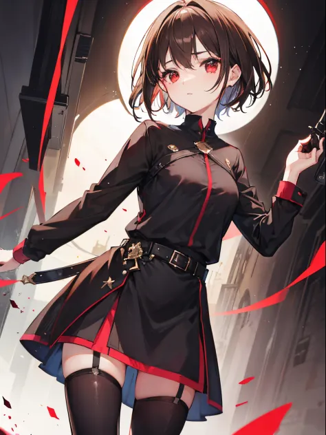 girl, brown short hair, black clothes, red eyes, beautiful, magical