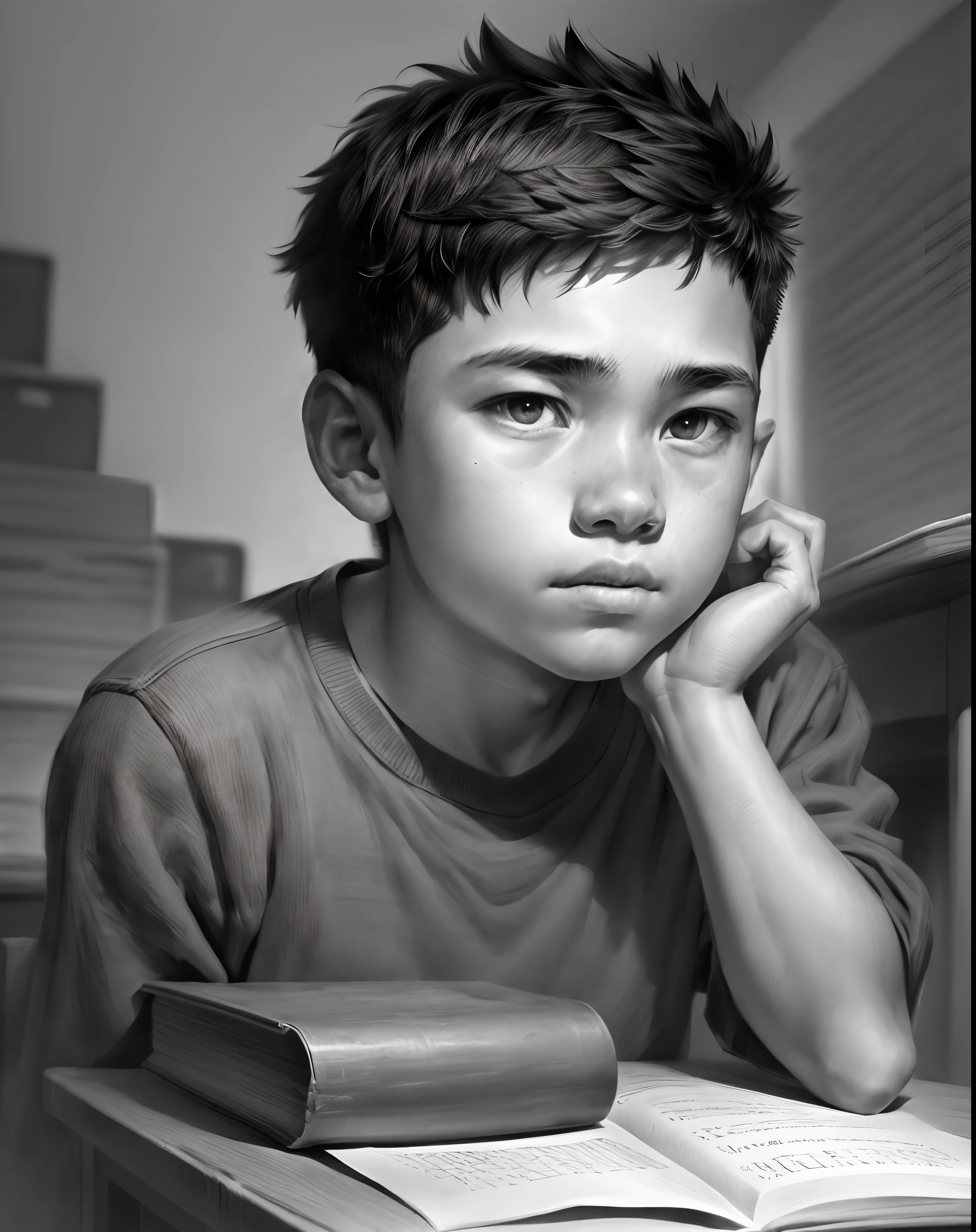 Um menino de 15 anos estuda em uma sala de aula, retrato em close-up, retrato de carvão, preto e branco, desenho a lápis. (melhor qualidade, Uma alta resolução, ultra-detalhado), iluminação de estúdio, realista, cores vivas, detalhes finos, iluminação dramática, contraste.