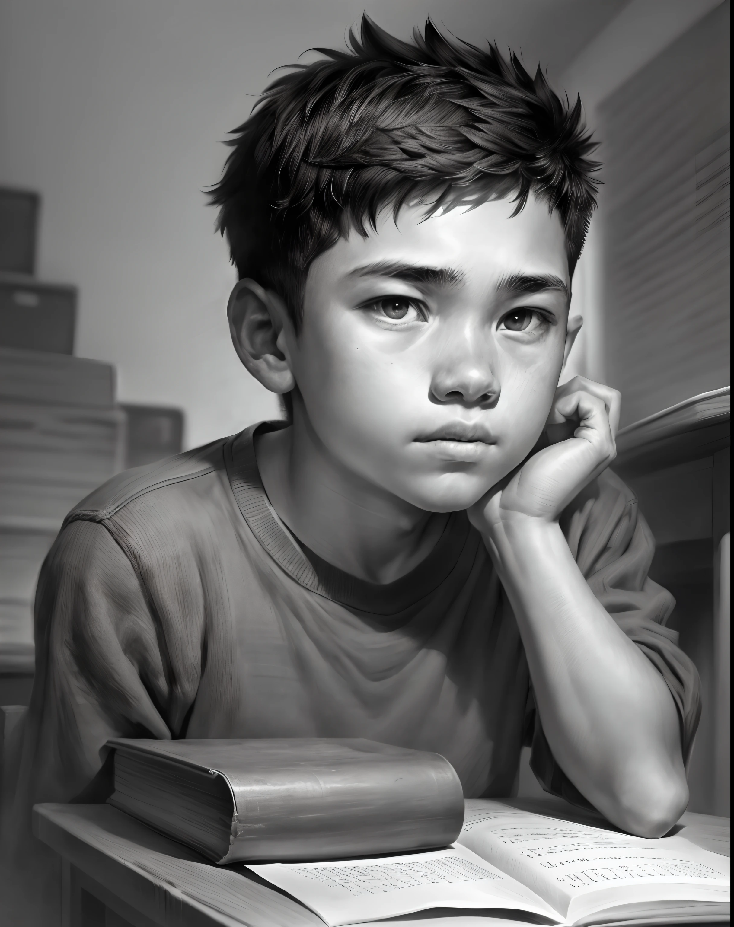 Un chico de 15 años estudia en un aula., Retrato en primer plano, retrato al carboncillo, en blanco y negro, boceto a lapiz. (mejor calidad, Una alta resolución, ultra detallado), iluminación de estudio, Realista, colores vívidos, finos detalles, iluminación dramática, Contraste.