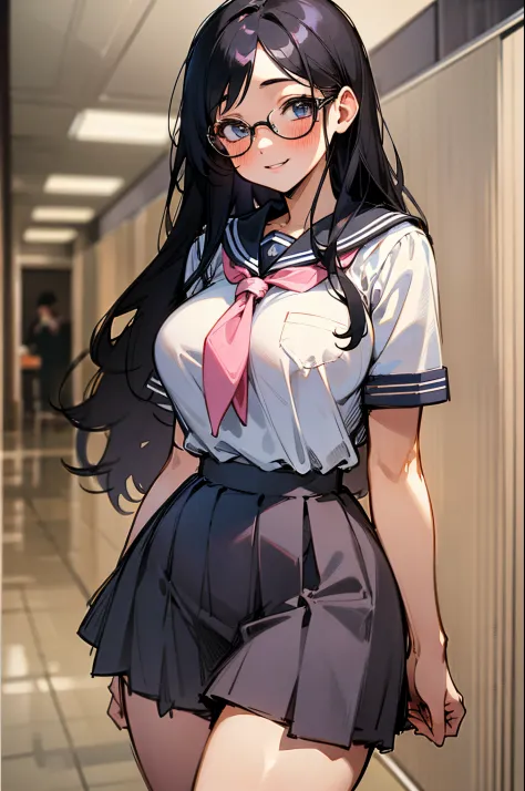 (1girl:1.4) schoolgirl, beautiful, perfect eyes, perfect face, perfect lighting, 1girl, long black hair, (large breasts:1.2) wide hips, white and pink schoolgirl sailor uniform, shy smile, thick round glasses, cheeks blushing, absurdres, [perfect shadows a...
