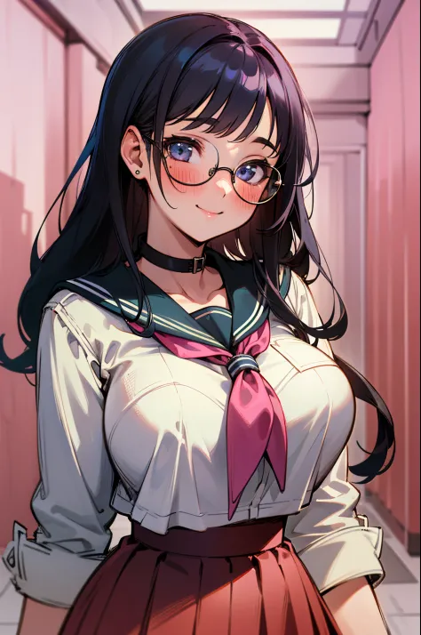 (1girl:1.4) beautiful, perfect eyes, perfect face, perfect lighting, 1girl, long black hair, (large breasts:1.2) wide hips, schoolgirl sailor uniform, white blouse (pink collar:1.2) pink skirt, shy smile, thick round glasses, cheeks blushing, absurdres, [p...