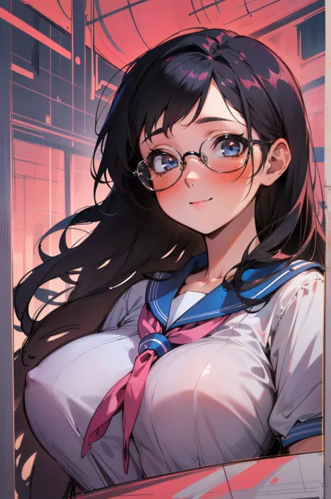 (1girl:1.4) schoolgirl, beautiful, perfect eyes, perfect face, perfect lighting, 1girl, long black hair, (large breasts:1.2) wide hips, white and pink schoolgirl sailor uniform, shy smile, thick round glasses, cheeks blushing, absurdres, [perfect shadows a...