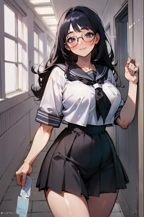 (1girl:1.4) schoolgirl, beautiful, perfect eyes, perfect face, perfect lighting, 1girl, long black hair, (large breasts:1.2) wide hips, white and pink schoolgirl sailor uniform, short skirt, shy smile, thick round glasses, cheeks blushing, absurdres, [perf...