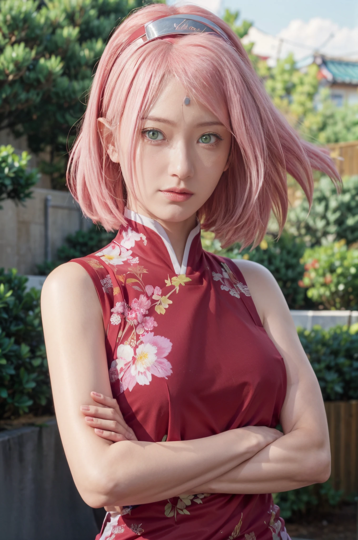 Real life adaption of this character,her name  sakura haruno from anime Naruto,she has a realistic same pink hair with a red headband, realistic same outfit, realistic same apron, beautiful korean  face, she has green eyes color, realistic light, realistic shadow, realism, hyper realistic,(photorealistic:1.2), realistic background , details eyes,