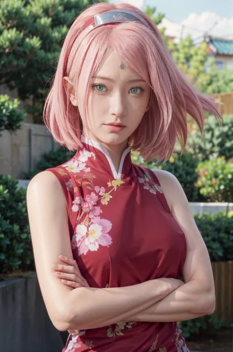 Real life adaption of this character,her name  sakura haruno from anime Naruto,she has a realistic same pink hair with a red hea...