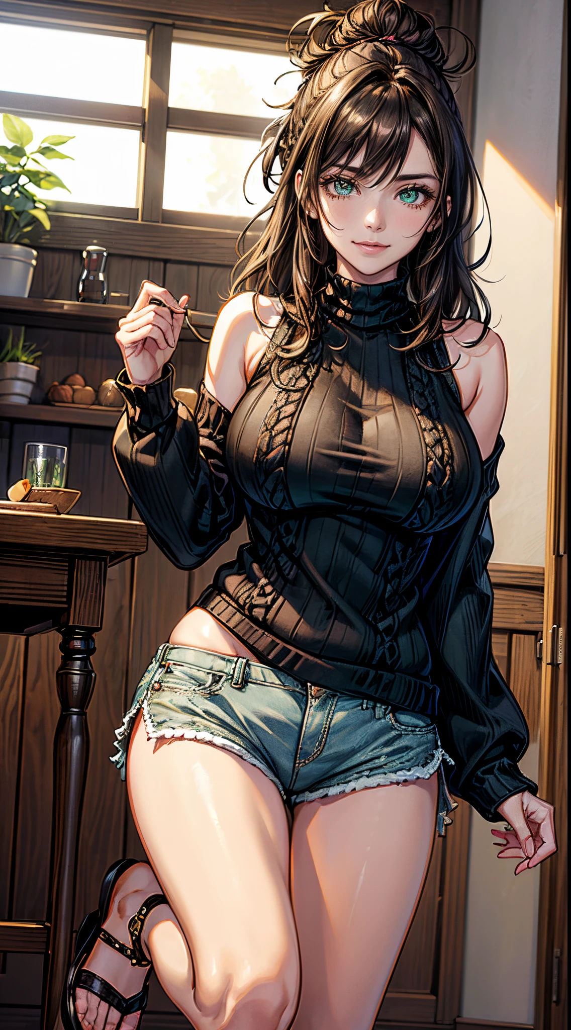 (Masterpiece, Best Quality, hight resolution, Ultra-detailed), 1Woman, solo, Wavy dark hair, messy bun hair, Green eyes, almond-shaped eyes,  a perfect face, big breasts, (slight smile:0.9), Detailed eyes and face, long crochet sweater, Shorts, openwork, sandals, Indoors, body complet