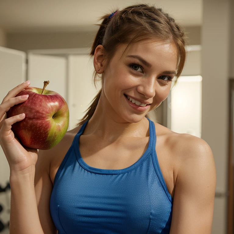 (best quality,photorealistic),(medium:1.1),(portrait,realistic),(vivid colors),(studio lighting),(woman:1.1),(smiling:1.1),(wearing gym clothes),(ponytail hairstyle),(holding a small apple)