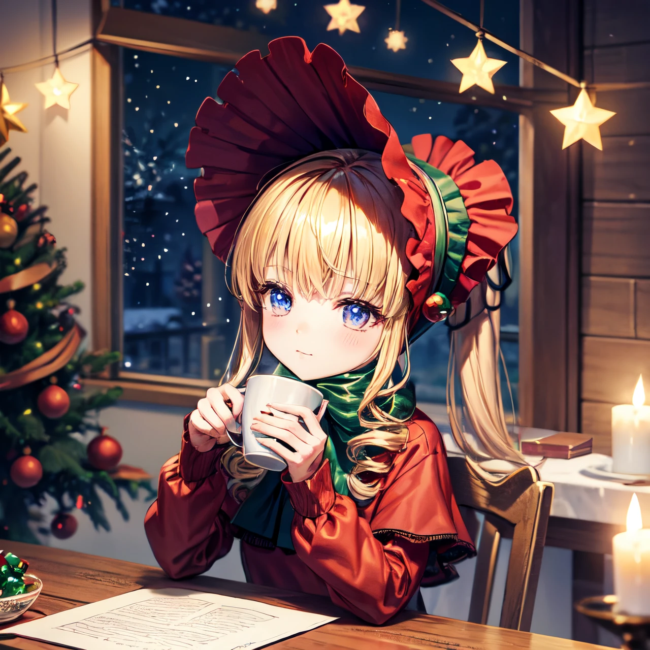 best quality, masterpiece, tiny chibi Shinku, original outfit, bonnet, red dress,white pantyhosecup, sitting on table, drinking tea, looking to viewer, (cinnamon and cardamom stars laying on table), (close-up:0.8), christmas tree on background, (christmas atmosphere), intricate angle, detailed, intricate