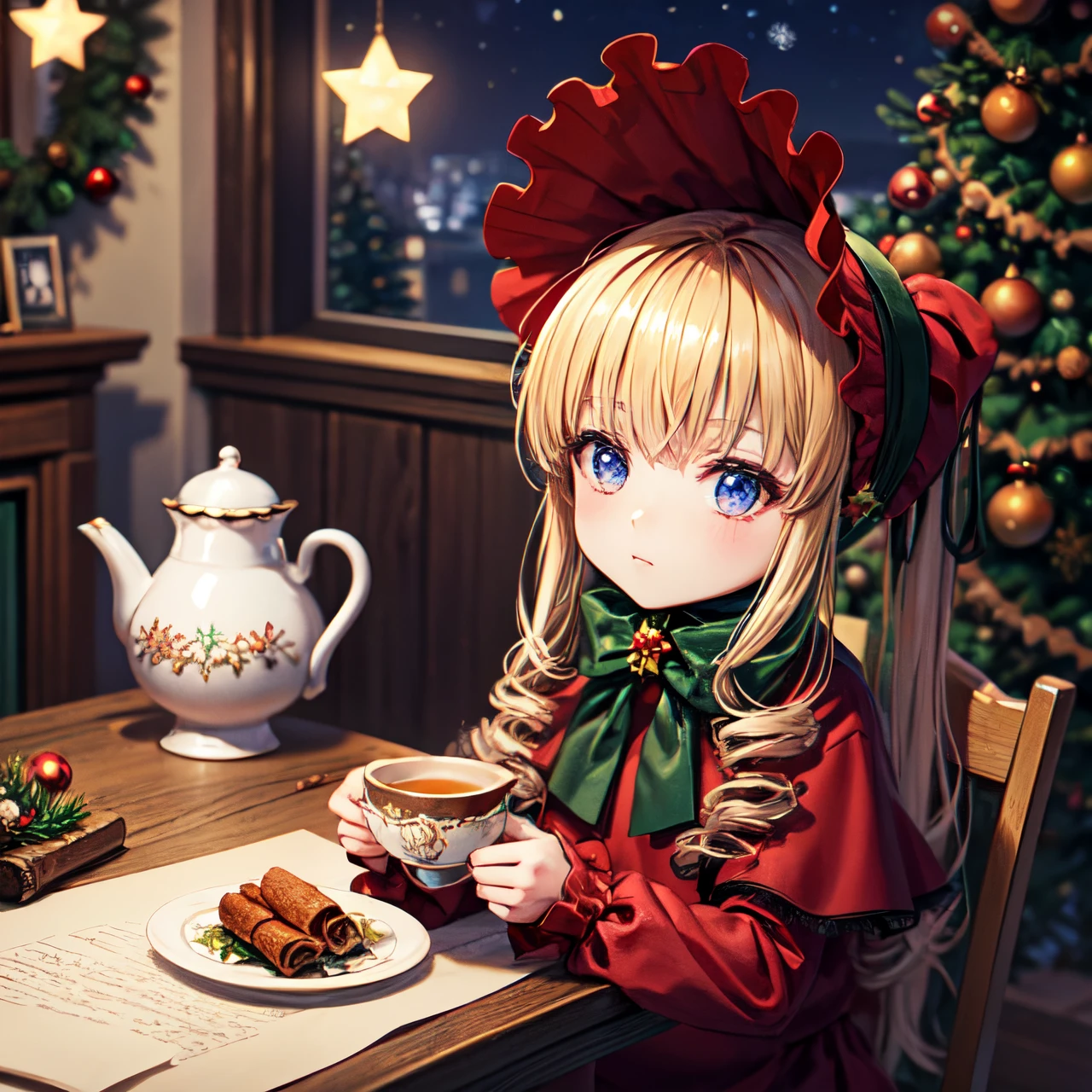 best quality, masterpiece, tiny chibi Shinku, original outfit, bonnet, red dress,white pantyhosecup, sitting on table, tea cup on table, looking to viewer, (cinnamon and cardamom stars laying on table), (close-up:0.8), christmas tree on background, (christmas atmosphere), intricate angle, detailed, intricate