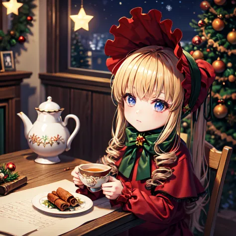 best quality, masterpiece, tiny chibi shinku, original outfit, bonnet, red dress,white pantyhosecup, sitting on table, tea cup o...