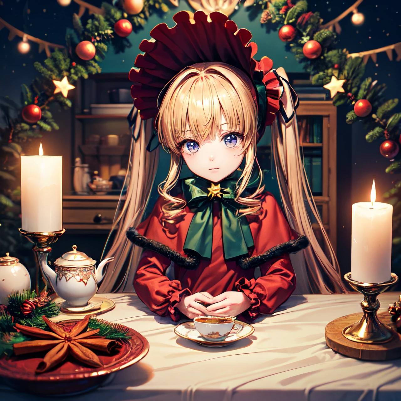 best quality, masterpiece, tiny chibi Shinku, original outfit, bonnet, red dress,white pantyhosecup, sitting on table, tea cup on table, looking to viewer, (the cinnamon and badian stars laying on table), (close-up:0.8), christmas tree on background, (christmas atmosphere), intricate angle, detailed, intricate