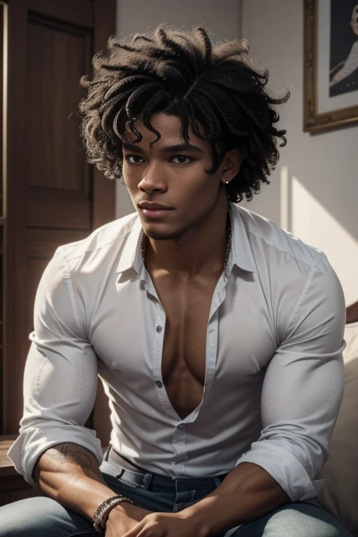 Métis young man, Very beautiful, cheveux noirs et bouclés, environ 15 ans, resembling Rome Flynn, yeux bleu lagon, curly hair, style Rome Flynn, black curly hair, Very beautiful, noir de peau, three beautiful métisse with a taquin sourire, highly detailed, white background, jeune, svelte, not too muscular, mince, en chemise blanche, de face