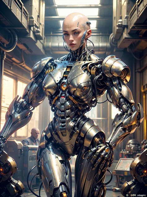 (beautiful borg queen:1.25), (1 girl), (metallic muscle armor:1.5), (no hair), (bald head covered in cables:1.5), (robotic mechanical physique:1.5), (super muscular cyborg:1.5), (covered in cables and mechanical muscles:1.5), (android muscular anatomy:1.5)...