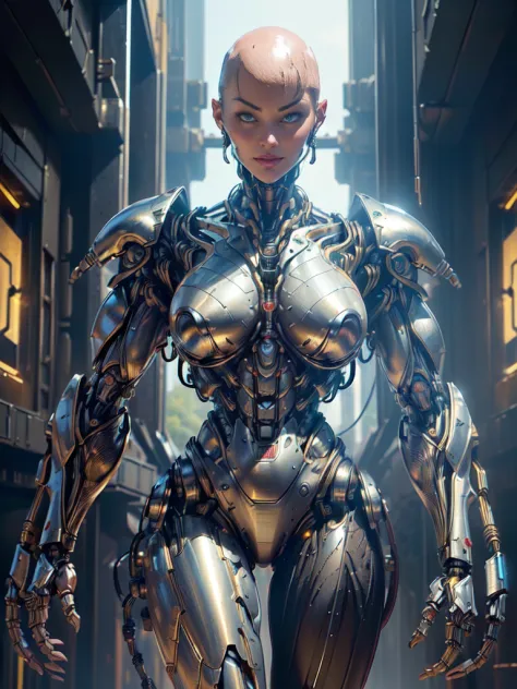 (beautiful borg queen:1.25), (1 girl), (metallic muscle armor:1.5), (no hair), (bald head covered in cables:1.5), (robotic mecha...