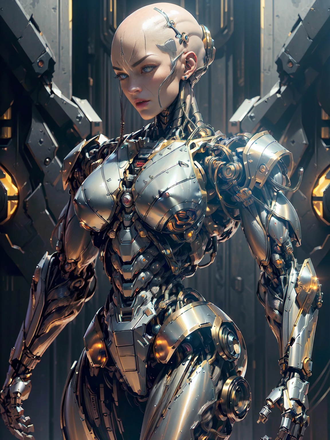 (beautiful borg queen:1.25), (1 girl), (metallic muscle armor:1.5), (no hair), (bald head covered in cables:1.5), (robotic mechanical physique:1.5), (super muscular cyborg:1.5), (covered in cables and mechanical muscles:1.5), (android muscular anatomy:1.5), (megan-fox:1.5), (perfect fingers:1.25),(8k, RAW photo, photorealistic:1.25), sci fi atmosphere, futuristic dystopia, alien landscape,