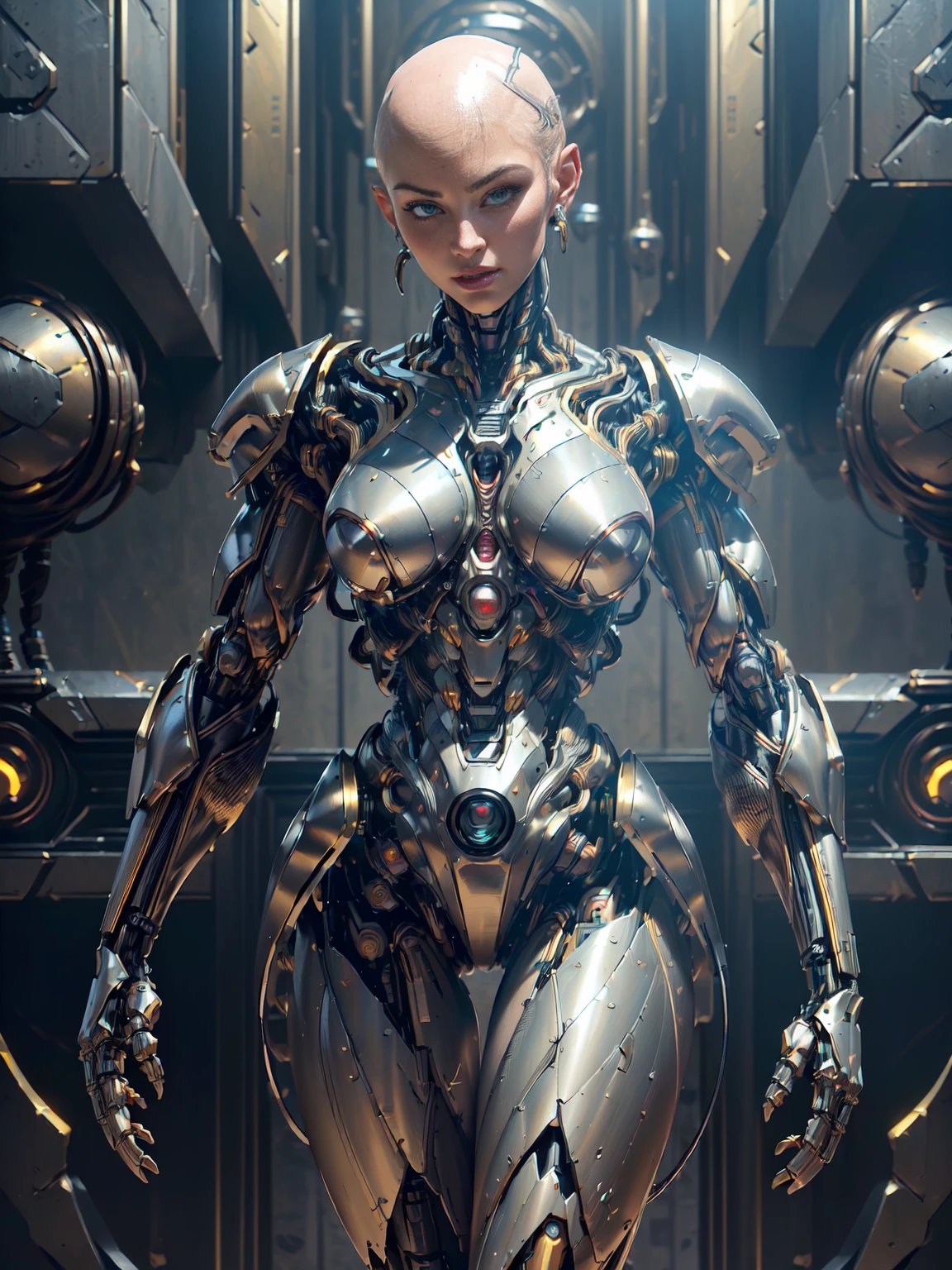 (beautiful borg queen:1.25), (1 girl), (metallic muscle armor:1.5), (no hair), (bald head covered in cables:1.5), (robotic mechanical physique:1.5), (super muscular cyborg:1.5), (covered in cables and mechanical muscles:1.5), (android muscular anatomy:1.5), (megan-fox:1.5), (perfect fingers:1.25),(8k, RAW photo, photorealistic:1.25), sci fi atmosphere, futuristic dystopia, alien landscape,