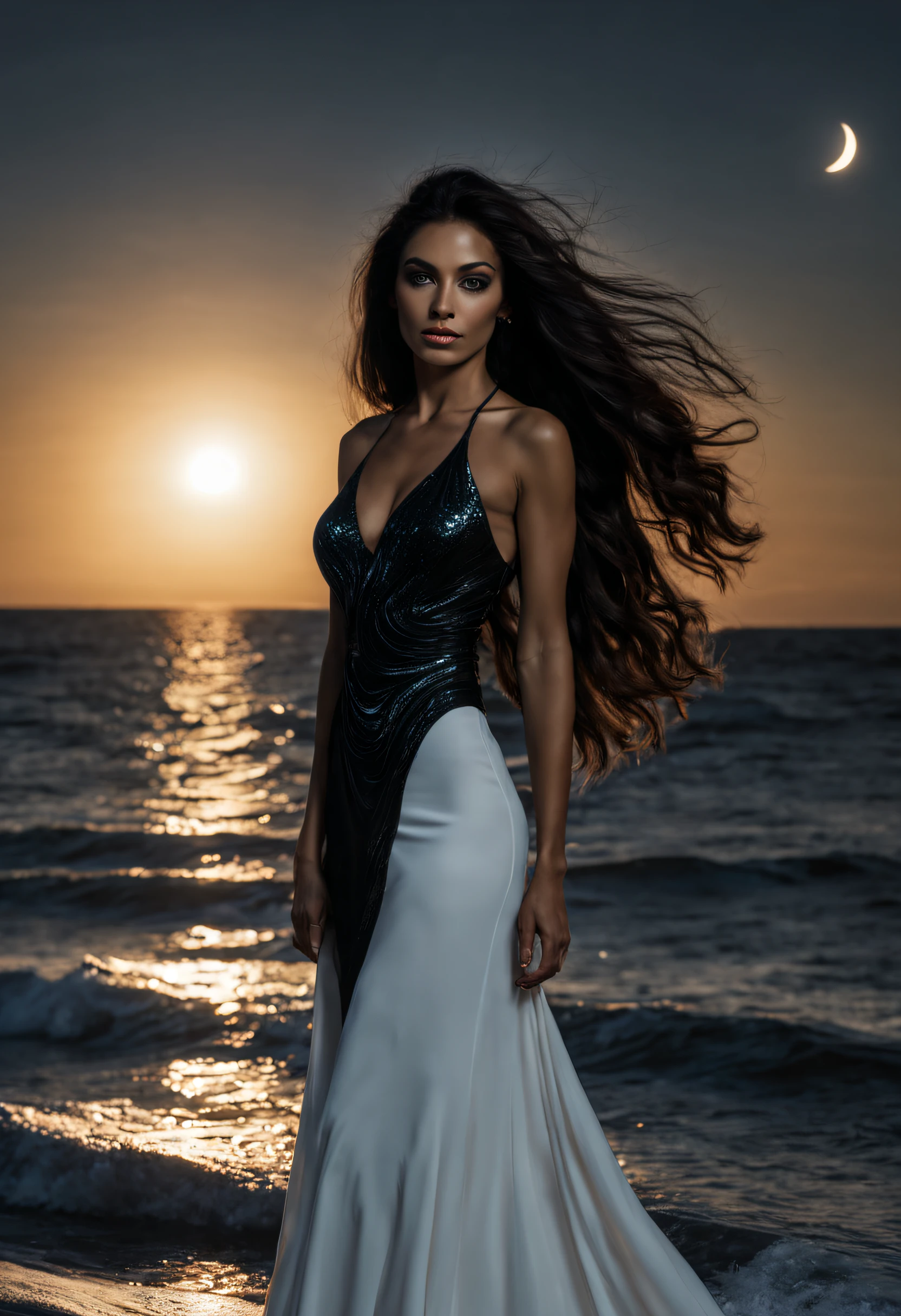 beautiful Andalusian woman with long jet black hair with dark skin and statuesque body, dressed in tight summer dress in the moonlight looking sideways while grooming her hair with her hand at the seashore, in the background the bright full moon and a sailboat sailing with all its sails spread .  hyperrealistic, 8k, landscape