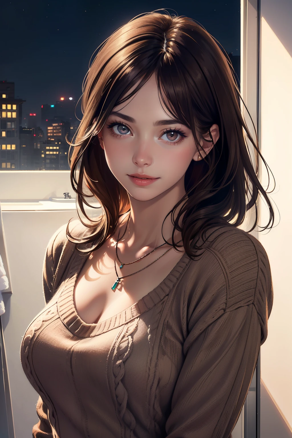 ((Night, Realistic Light, Best Quality, 8K, Masterpiece: 1.3)), 1girl, Slim Beauty: 1.4, (Brown hair, Medium breasts: 1.3), Long pink sweater: 1.1, Bathroom, Super fine face, Delicate eyes, Double eyelids, smile, necklace