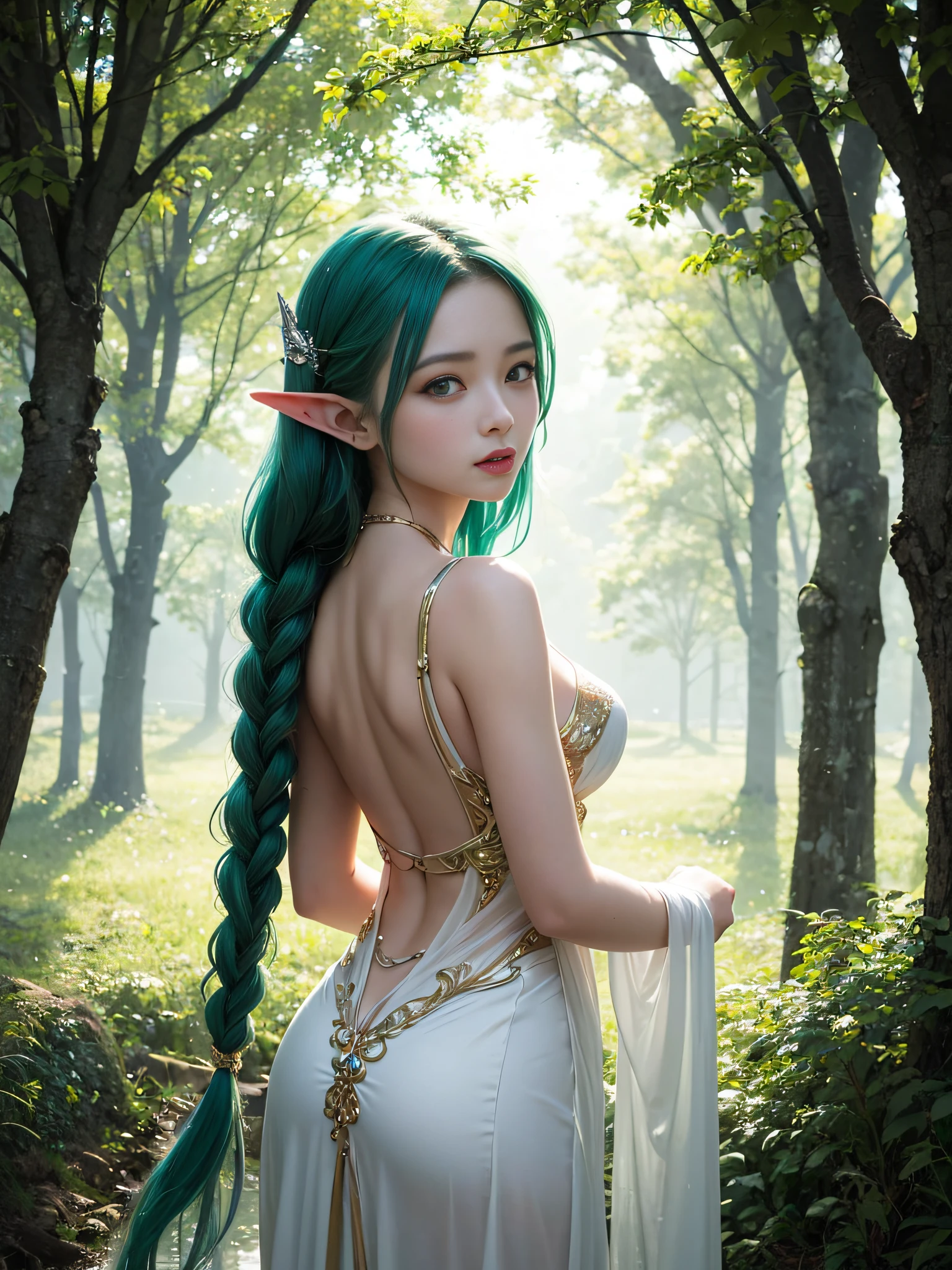 Graceful elven girl standing in meadow, Delicate face illuminated by the soft light of the setting sun. Her long, Flowing hair runs down your back, Decorated with intricate braids、Adorned with sparkling gemstones. This great photo 、、、It captures the ethereal beauty of elves. Slender figure in silk dress、Swaying in the soft steppe breeze. Attention to detail、Face that ace that ace that ace that 、It  evident in the intricate patterns of the dress and the subtle highlights of the luminescence. skin. The breathtaking portrayal of the elven girl 、、、、、Create an enchanting atmosphere、It invites the viewer to a magical world. emerald green hair color and eye,