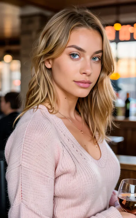 beautiful blonde wearing pink sweater (sipping wine inside a modern pub at sunset), very detailed, 21 years old, innocent face, natural wavy hair, blue eyes, high resolution, masterpiece, best quality, intricate details, highly detailed, sharp focus, detai...