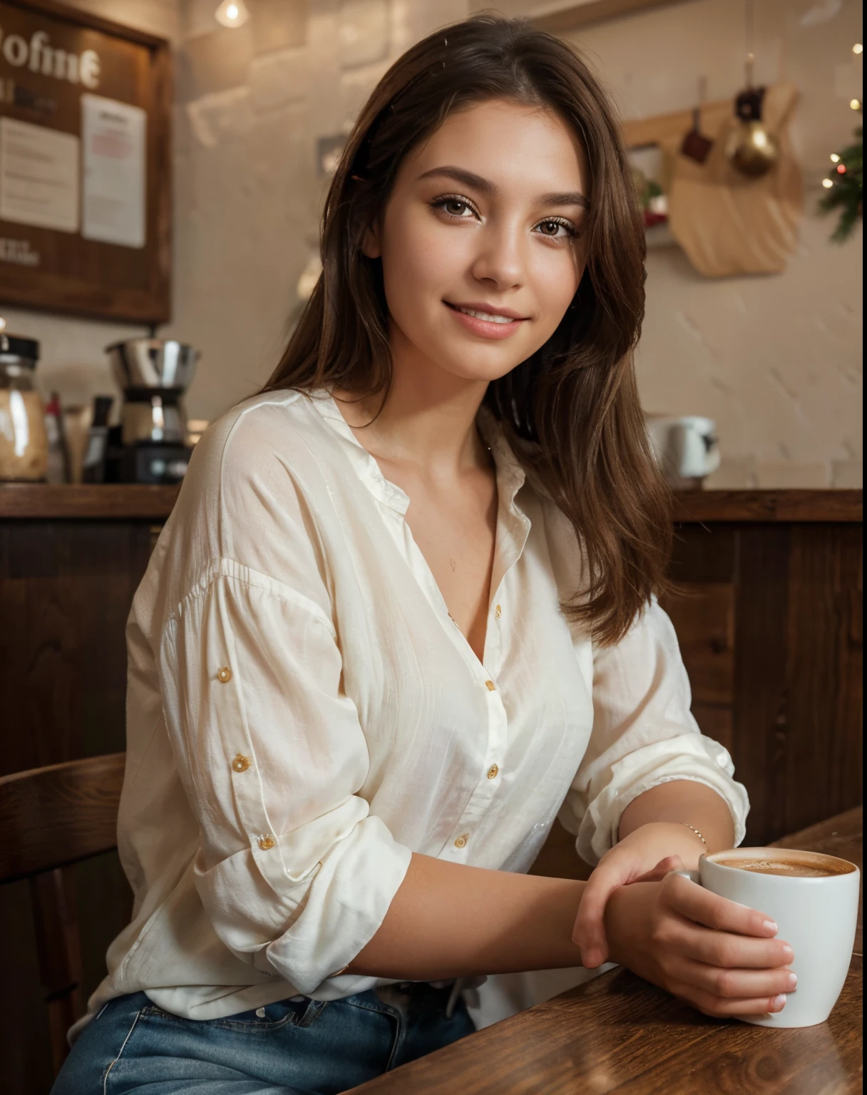 A beautiful european girl with brown eyes and brunette hair, wearing a pale yellow blouse, blue jeans, sitting in a busy coffee shop decorated for Christmas, cup of coffee on the table in front of her, smiling, ultra high resolution, (photorealistic: 1.4), high resolution, (brown eyes), (finely detailed skin), (perfectly proportions) (photos realistic) (masterpiece) (photorealistic), ultrarealistic (Best Quality) (Detailed) photographed in a Canon EOS R5, 50mm Lens, F/2.8, (8K) (Wallpaper) (Soft Lighting) (Convoluted) Fashion