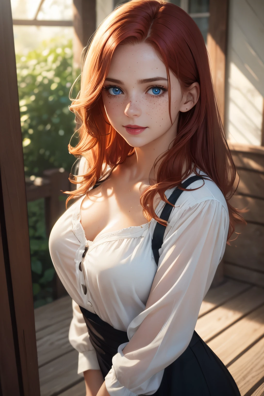 red-haired woman (soaked 1,2), freckles, under a porch, thin white blouse, visible nipple relief, slate atmosphere, cinematic, (realistic, photo-realistic:1.4),(8k, RAW photo, best quality, masterpiece:1.2), cute, ultra-detailed,heart-shaped pupils, physically-based rendering, ultra high res, kodakvision color, shot on Arricam LT Camera, bokeh, sharp focus, looking at viewer, photorealistic,realistic, solo, photorealistic, best quality,extremely detailed face,extremely detailed eyes and face, (blond girl,) clear eyes, beautiful detailed eyes,absurdres, incredibly absurdres,(haunting smile),Messy hair, floating hair, round clear big eyes, clear big eyes, moist red lips, sweet, girl