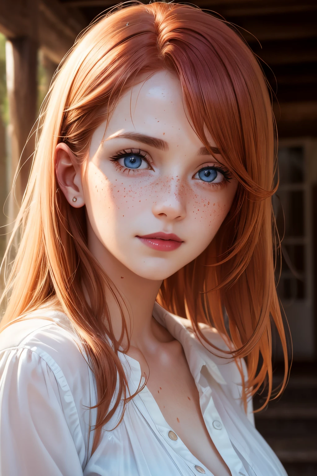 red-haired woman (soaked 1,2), freckles, under a porch, thin white blouse, visible nipple relief, slate atmosphere, cinematic, (realistic, photo-realistic:1.4),(8k, RAW photo, best quality, masterpiece:1.2), cute, ultra-detailed,heart-shaped pupils, physically-based rendering, ultra high res, kodakvision color, shot on Arricam LT Camera, bokeh, sharp focus, looking at viewer, photorealistic,realistic, solo, photorealistic, best quality,extremely detailed face,extremely detailed eyes and face, (blond girl,) clear eyes, beautiful detailed eyes,absurdres, incredibly absurdres,(haunting smile),Messy hair, floating hair, round clear big eyes, clear big eyes, moist red lips, sweet, girl