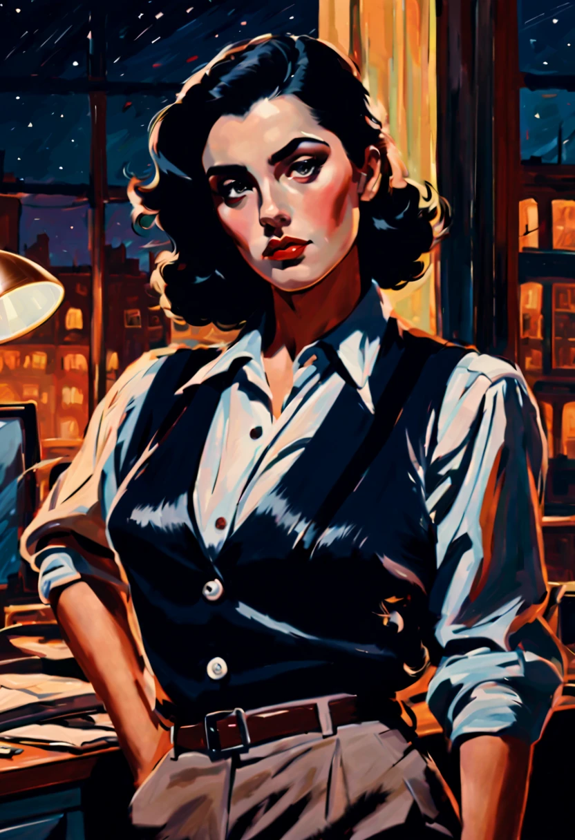 Pulp vibes, Paint,gouche, pastel, paint, masterwork, set in the 1940s. depict a kinda of messy, side swept, black hair, modern beauty standards, 20 years old beautiful italian woman, bulky muscular, wearing a vest and tailored shirt with suspender. detective office background at night