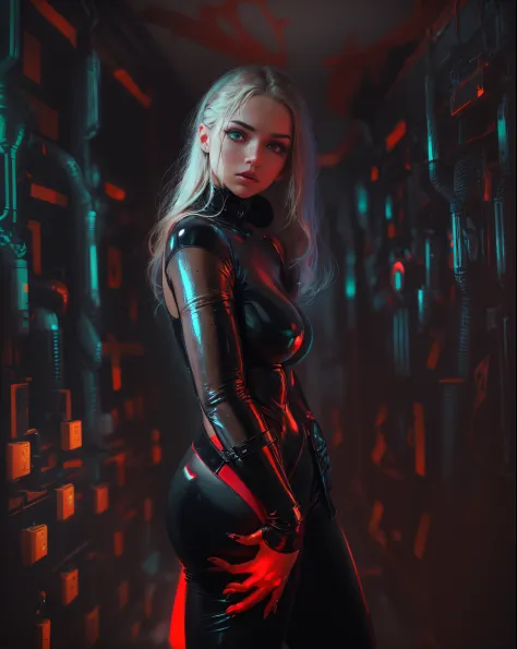 analogue photo, BDSM scene, young blonde woman, (((big boobs))), young man, (muscle), ((((dark minimalist dungeon)))), (neon lig...