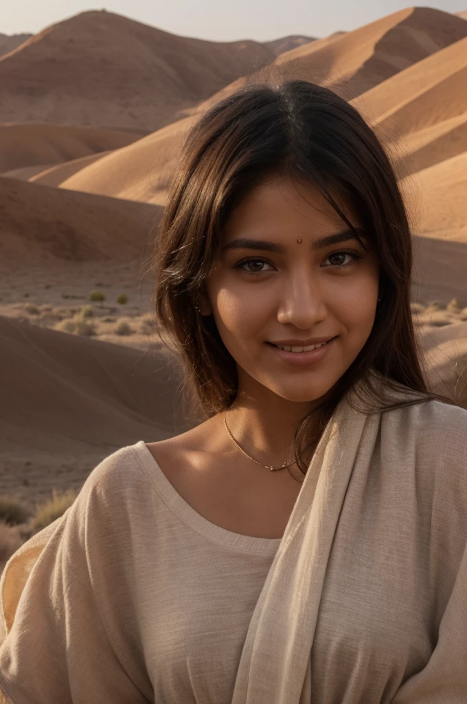 Erotic Indian girl in desert, realistic, ultra detail, black specs, big smile, elegant, dusk, face shadow, looking opposite, backless