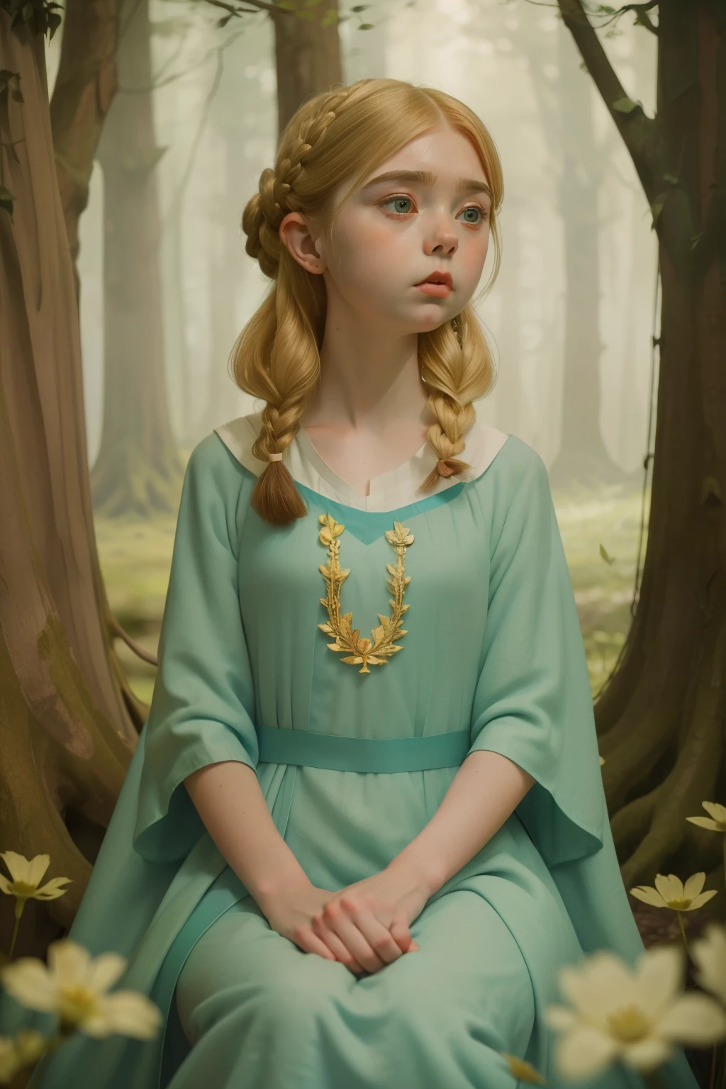 1135, England. otherworldly scene in a forest, ((((17-year-old)) McKenna Grace)), sad and smug look, telling her story, ((((poor plain tunic gown from the 12th century)))), ((Hairstyle of the 12th century)), ((Wes Anderson cinematic style)), colorful