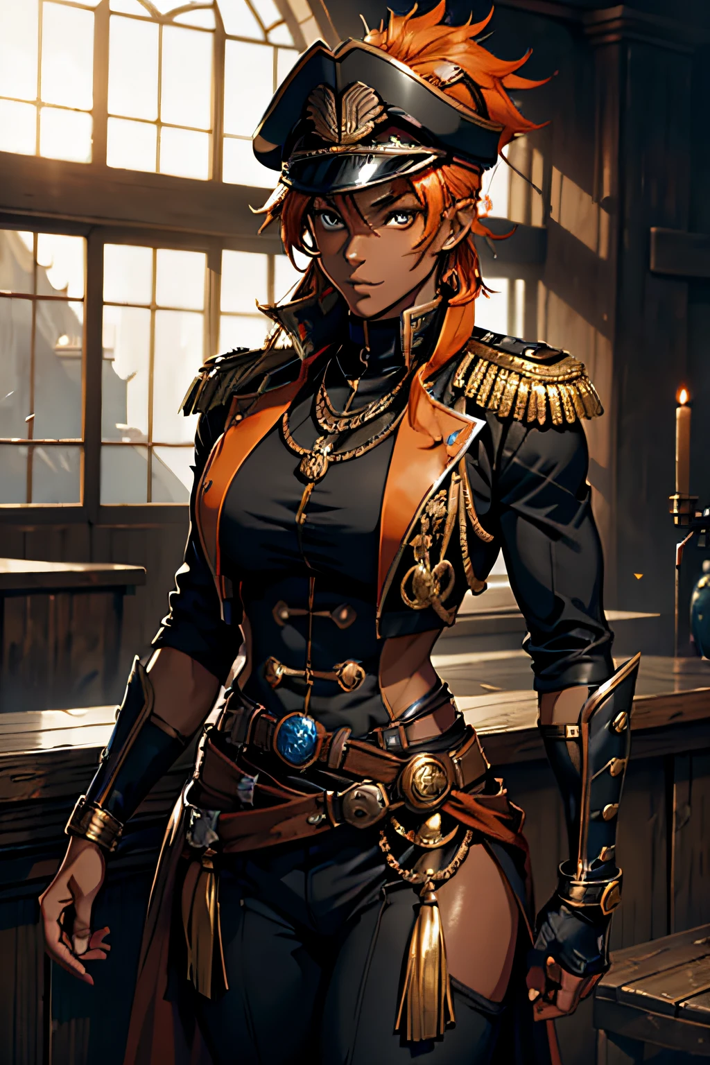 female, anime, fit, dark skin, dark fantasy, muscular, tanned skin, orange hair, masterpiece, HQ, 4k, HDR, warhammer, best quality, mohawk, mischievous grin, scars, warhammer 40k, commissar,