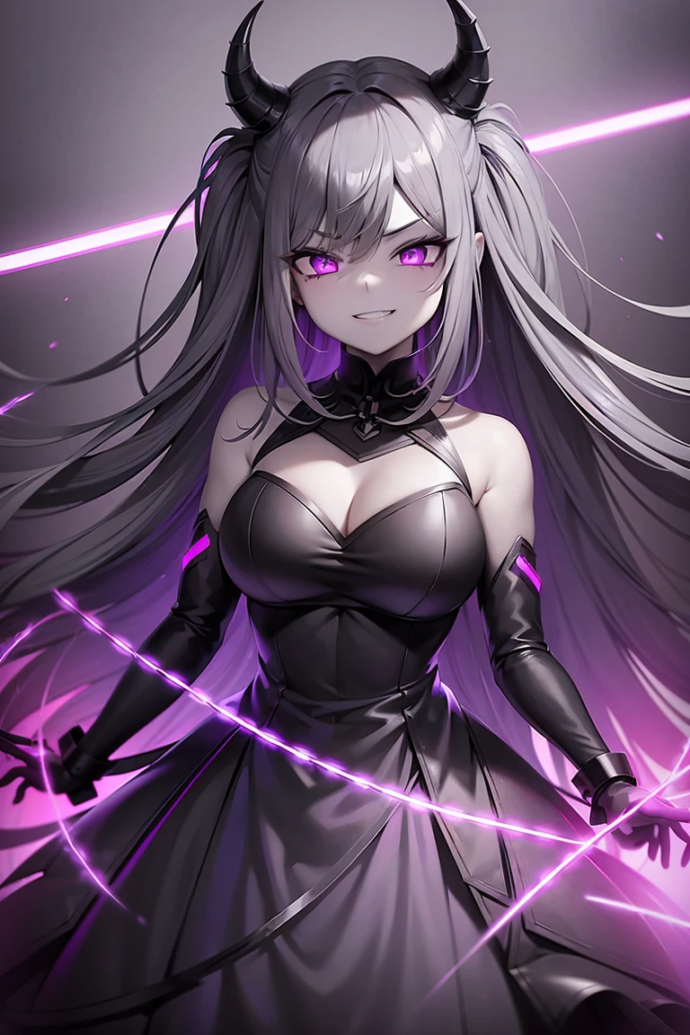 1 girl, wallpaper, whole picture, grey wall background, ruined wall background, asymmetric hair, grey hair, multicolored hair, long hair, psycho smile, evil_smile, dark purple eyes, view from the side, looking at viewer, long chain shackles, neon lights, grin, ruffled hair, black dress