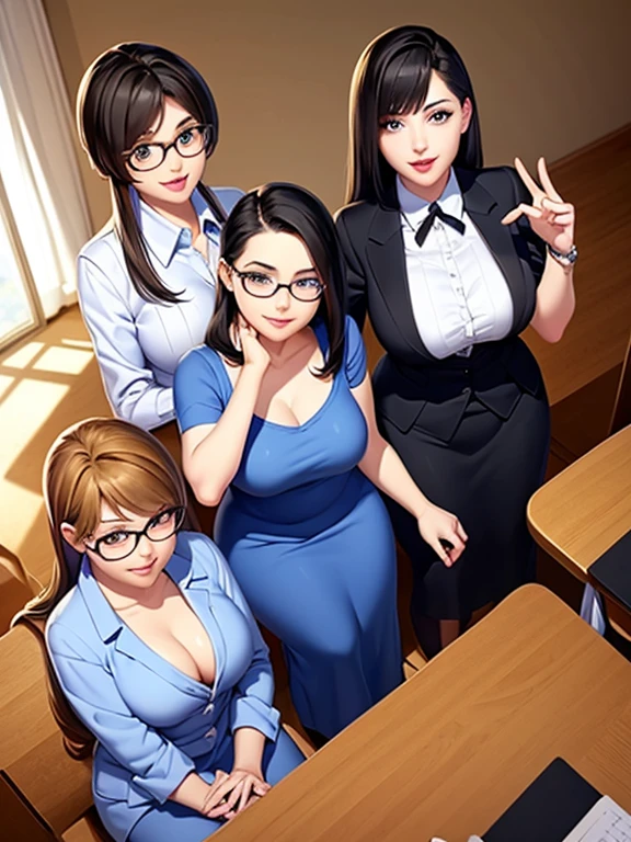 图像视图: 从上面和3个三人一起在教室里.
中等胸部的老师  , 有魅力的女校长，中等胸部，略胖的戴眼镜的学生，大 .