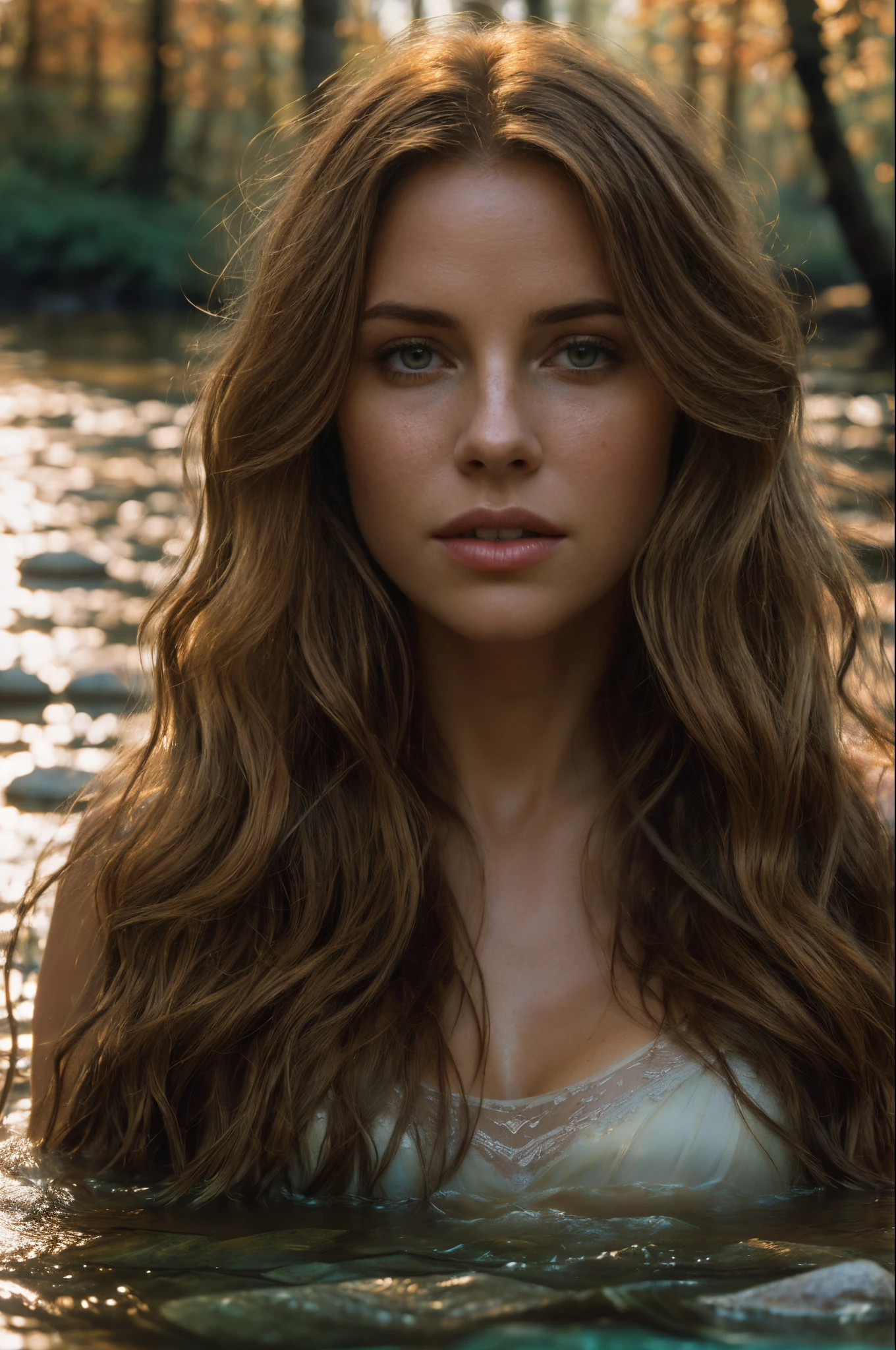 portrait of a beautiful woman, 30 years old. From Golden Skin, long light brown hair, wavy at the height of the back, western eyes, honey colored, fluffy turned, ((big cheekathing, showing its beauties, in a deep river and transparent waters, among reedacklit), realistic, masterpiece, high quality, brightness, shadow, flower, [[chromatic aberration]], by Jeremy Lipking, by Antonio J. Manzanedo, digital painting, Brazilian, 8k uhd,,  forest, stones on the bank, river, wood, smoke, shadows, contrast, clear sky, style , (warm hue, warm tone)
