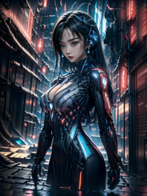 A sexy Korean  girl  half human and half Robot, working in her big hightech lab, big holographic monitors intricate with wires, ...