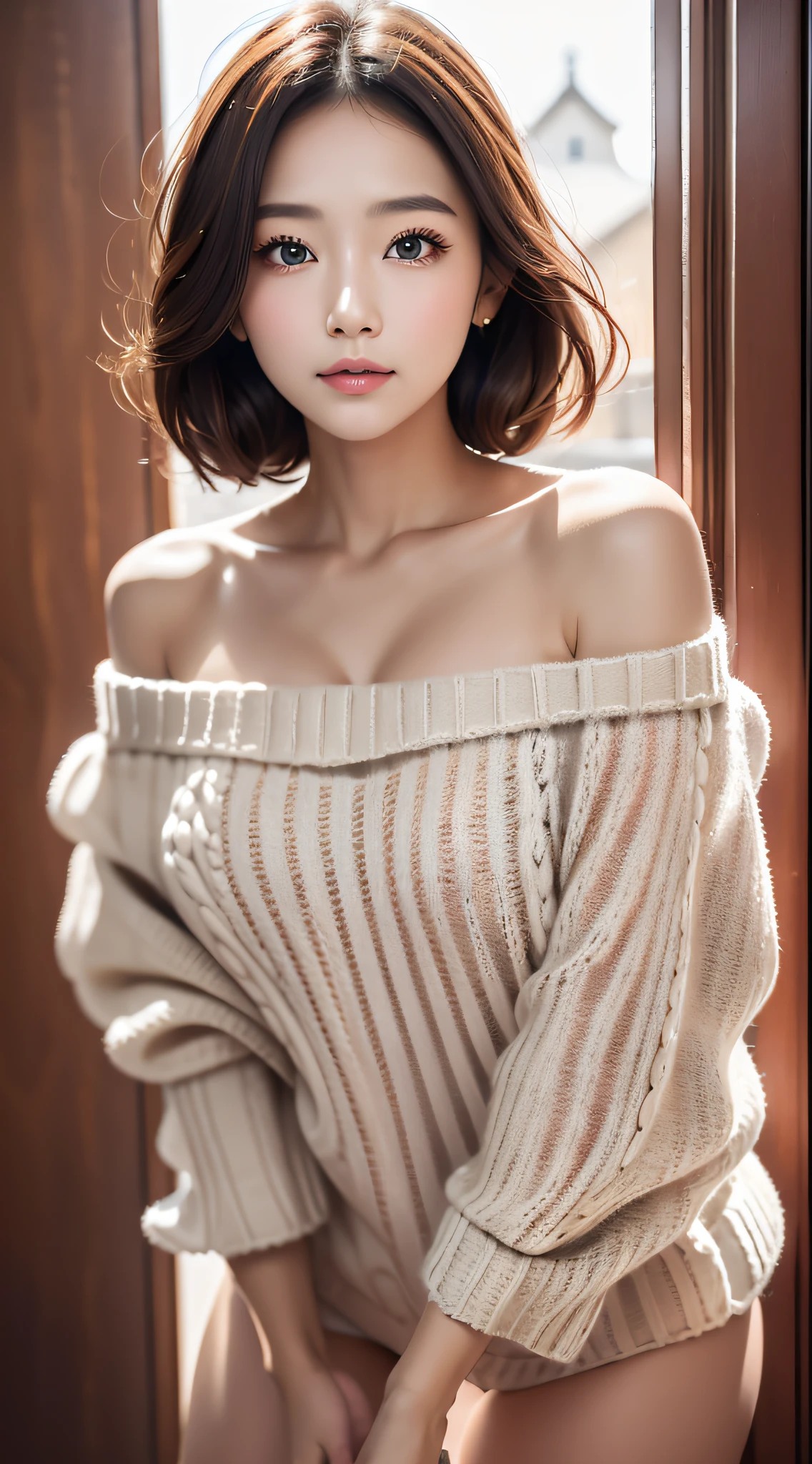 (beautiful face of young girl, Highly detailed), (realisitic,８K)、Single Female、28 year old、 (extremely detailed CG unified 8k wallpaper),  Professional Photography, Realistic Photos, (off-the-shoulder sweater:1.8), (cleavage:1.5),（large boob）、（Futomo）、 (Christmas, Christmas Ornaments, Christmas tree),  (Sheer lace panties:1.3),  Beautiful sunset, depth of fields, (View from below:1.3),Looking at the camera、Light reflected in the eyes
