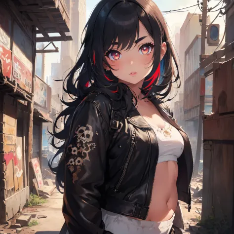 masterpiece,Young beautiful Girl hiding in shattered industrial atmosphere,post apocalyptic ruined city, black tattered shirt, high detail, black colors,( cyberpunk), detailed eyes, hdr, 8k, ultra realistic, belly, (skulls on the ground), (small chest), bl...