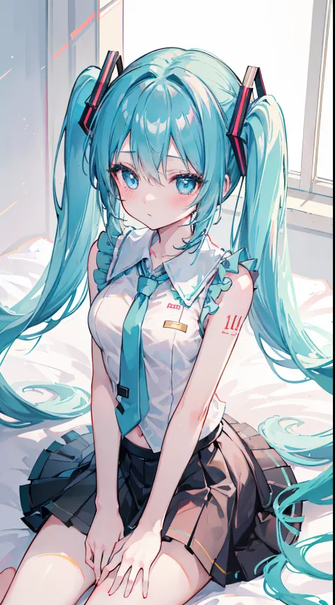 (8K、Top image quality、top-quality、​masterpiece)、1 girl in、Twin-tailed、Hatsune Miku、light blue  eyes、red blush、Moderately breasts、shirt with collar、sleeveless、Arm Cover、Black Mini Pleated Skirt、cowboy  shot、sit on a bed、Taken from above、bedroom background