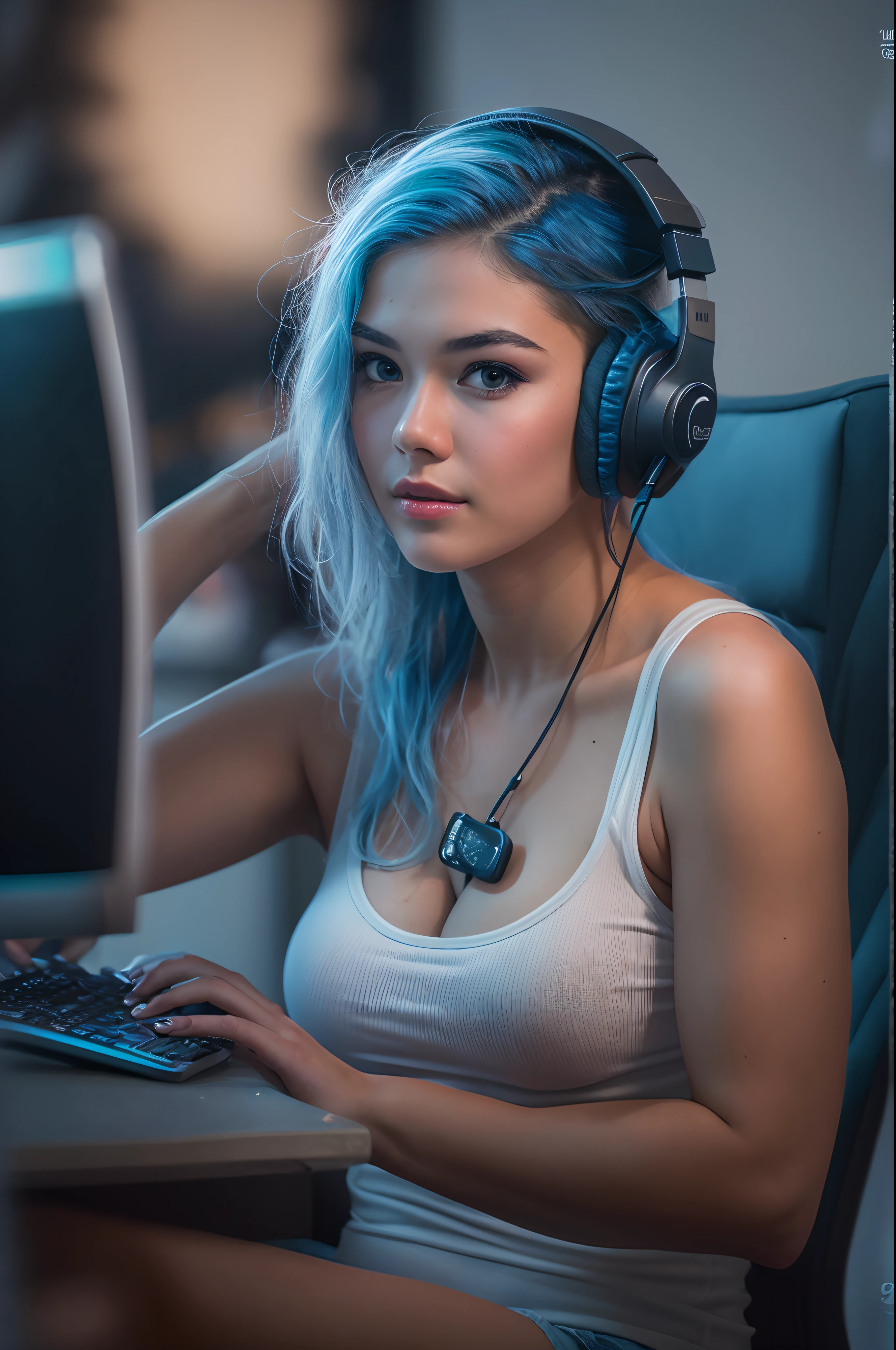 A beautiFul 25-year-old gamer girl (Julia Burch:0.5), (((Texture de la  peau:1))), ((Peau naturelle)), (cheveux bleus), (peau pâle) - SeaArt AI