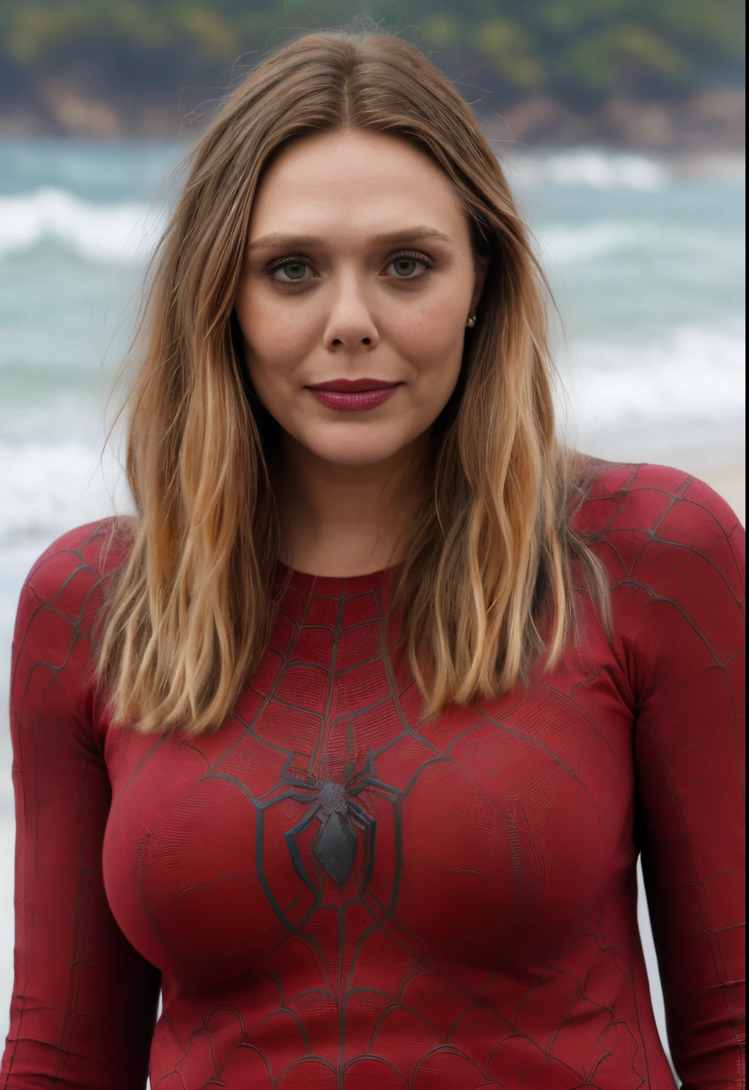 A close up of a woman in a spider - man costume on the beach - SeaArt AI