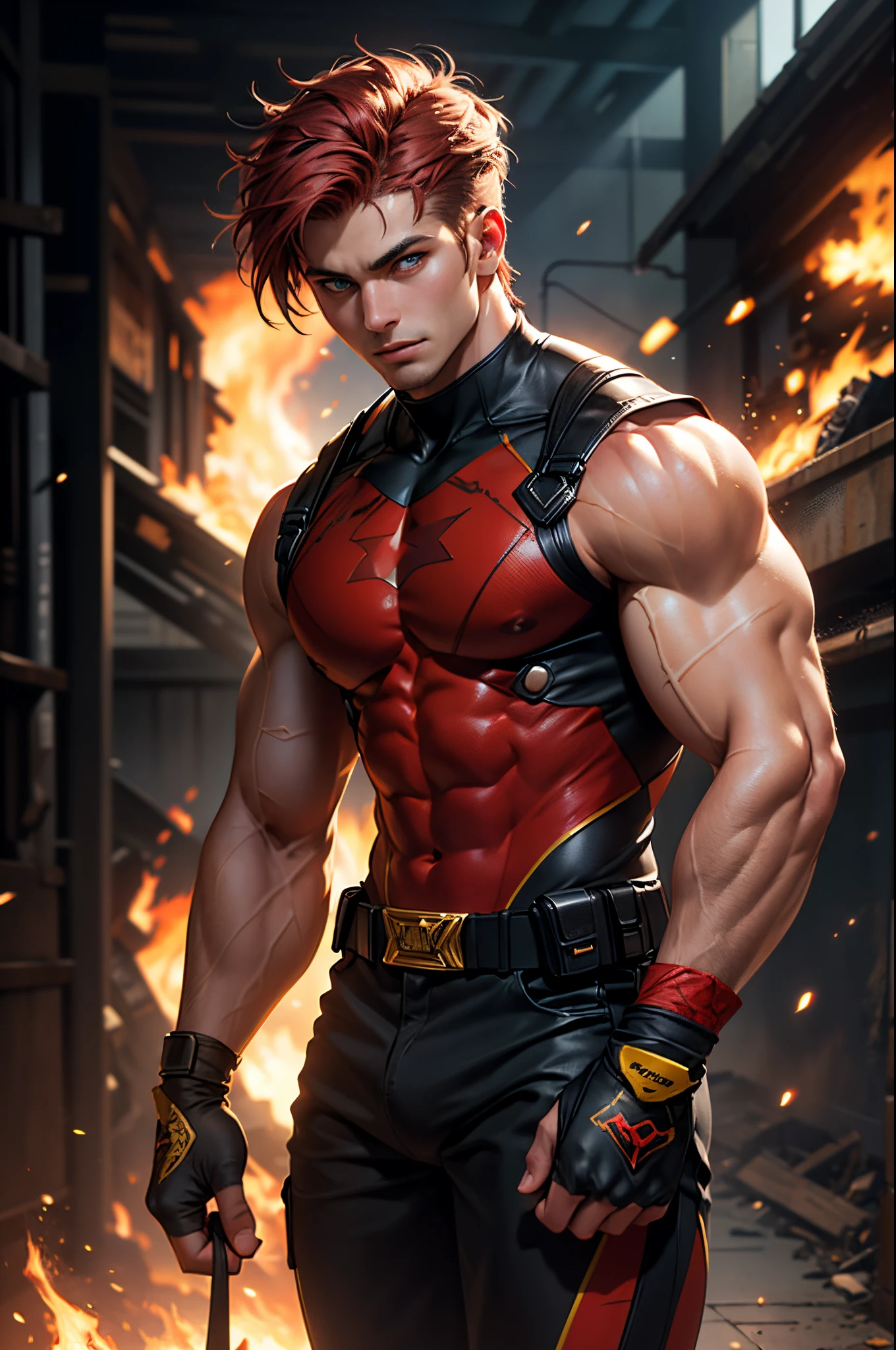 1 man, 1 male, super-hero, muscular man, 25-year old, red hair, blue eyes, red and yellow tights, black fingerless gloves, flames bursting out of his hands, surrounded by flames, bulging muscles, finely detailed eyes and detailed face, extremely detailed CG unity 8k wallpaper, intricate details, portrait, solo, detailed background, bokeh, raytracing, realistic textured skin, particle effects, depth of field, beautiful figure painting, bright light, amazing composition, HDR, volumetric lighting, ultra quality, elegant, highly detailed, masterpiece, best quality, high resolution, model shoot style,