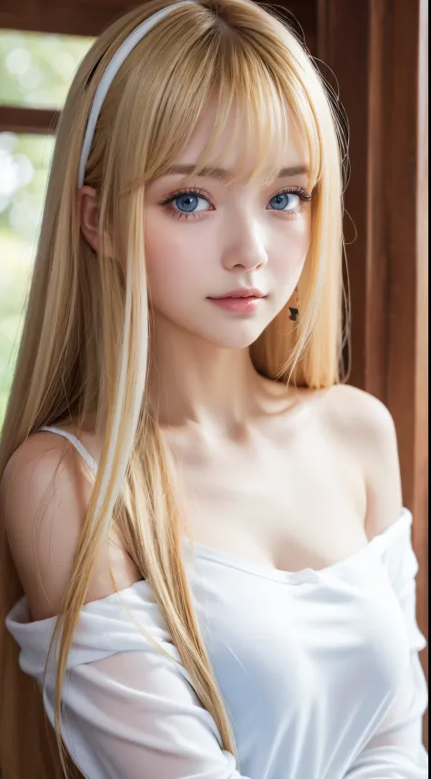◯1 girl, 17 age, Solo, Very long hair, Silky Straight Super Long Hair、Colossal tits, Looking at Viewer, ((Dazzling blonde hair,)) Big eyes with a very beautiful pale blue、Very big eyes、White beautiful skin、glowy skin、Gloss Face、Cheek gloss light impression...