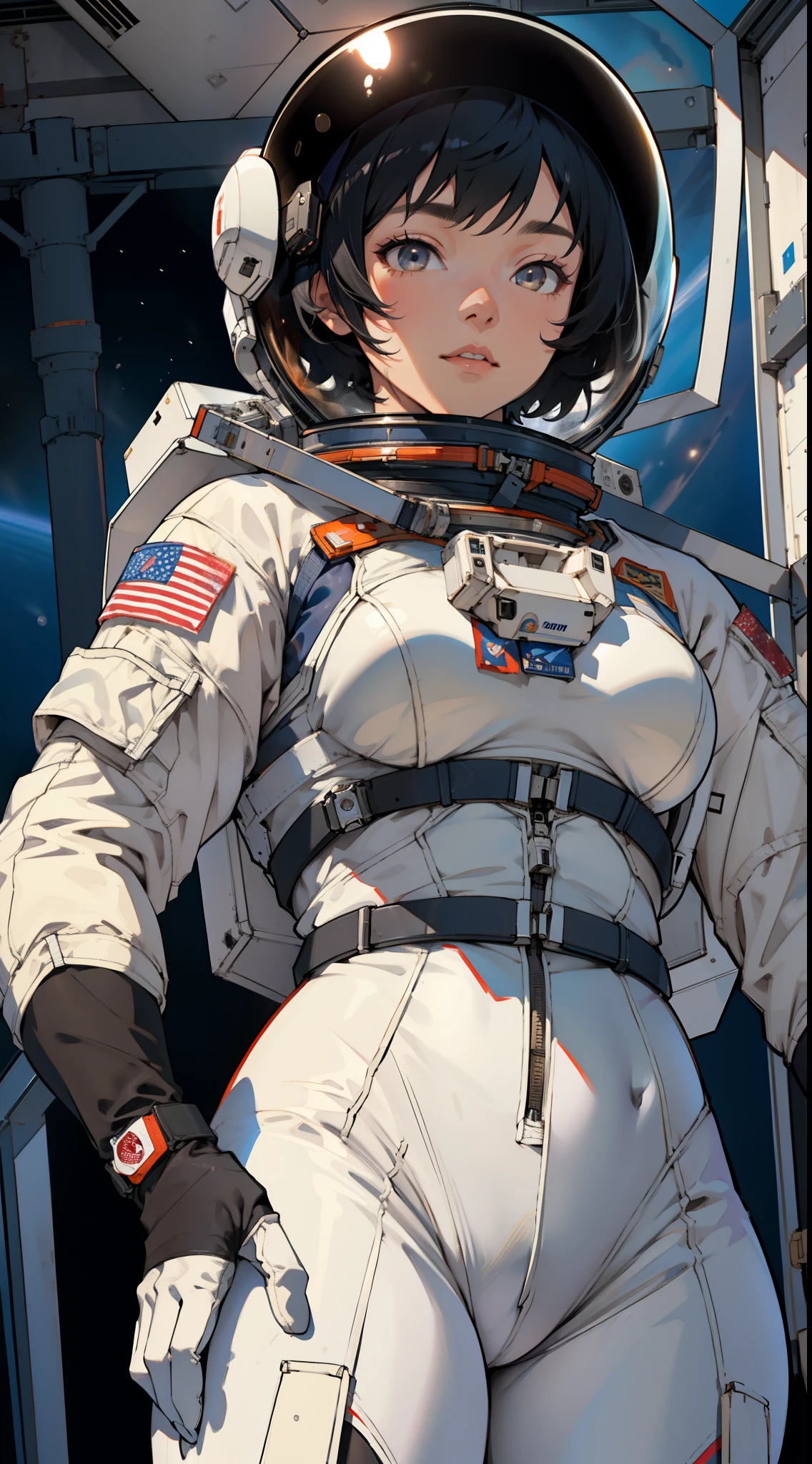 ein Mädchen , schwarzes Haar , Kurzes Haar , ein Blick von unten , große Brüste , Raumanzug , Raumstation , detaillierte Augen , Detaillierter Raumanzug , Astronautenanzug , Astronautenhelm , in voller Höhe