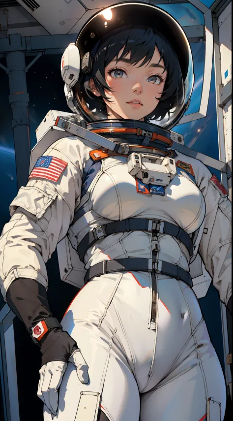one girls , black  hair , Short Hair Hair , A view from below , big breastes , spacesuit , space station , 詳細な目 , detailed space...