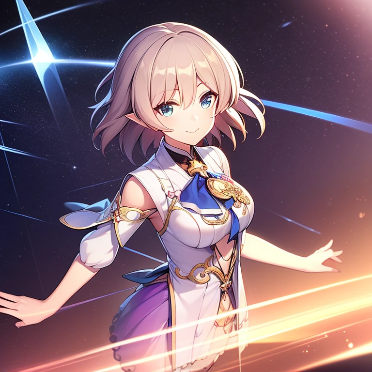 Honkai star rail , 3D, solo , 1female , short blonde hair , blue eyes , pink and purple outfit , pointy ears , looking at the viewer , smiling at the viewer , quanta element , abundance path