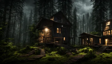Beautiful cabin in the woods at night, cloudy sky closed, perfect composition, trend in the rainy season, 8k artistic photography, arte conceitual fotorrealista, natural and soft volumetric cinematic perfect night light