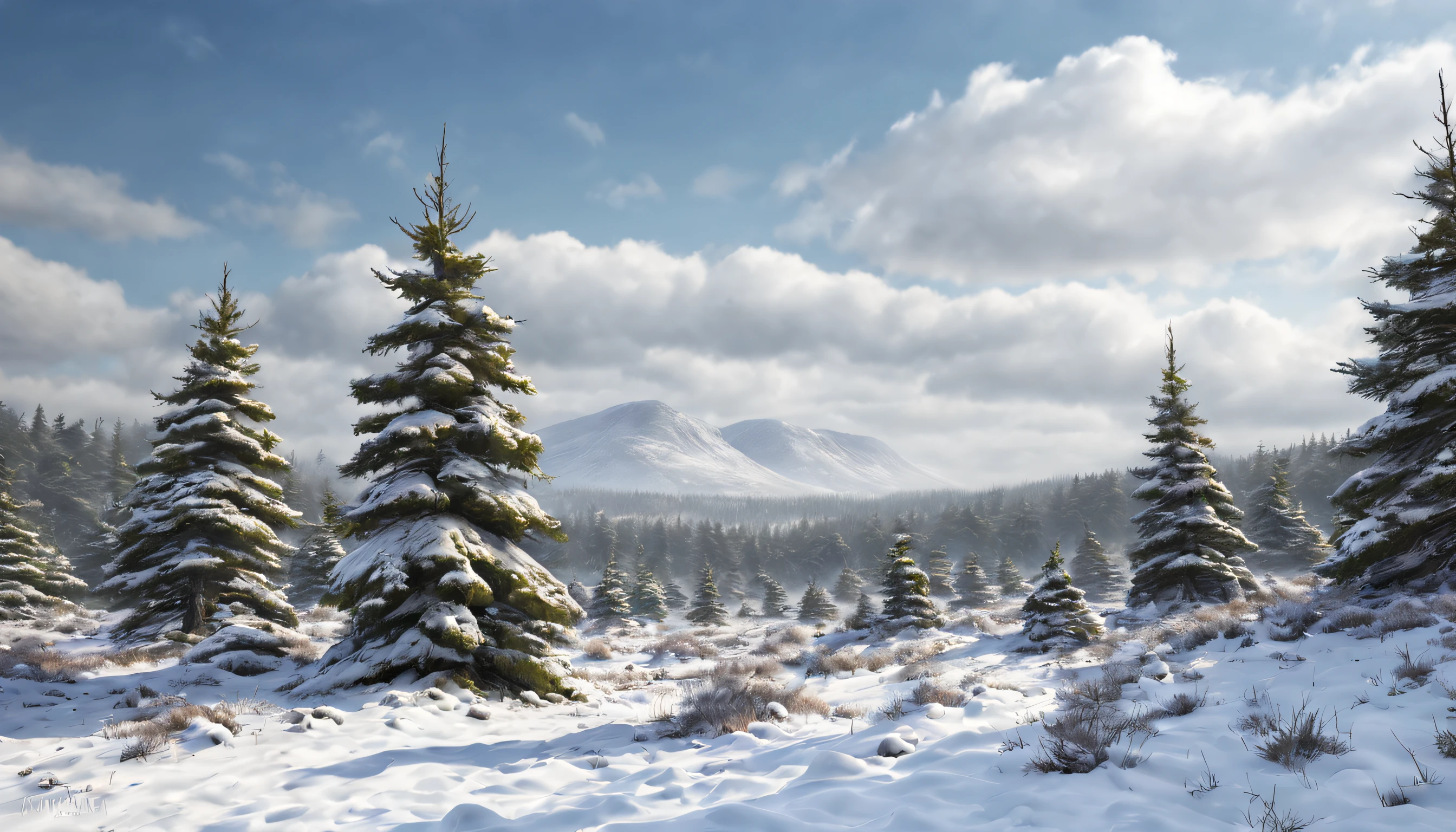 Snow covered wasteland with snow covered pine trees in the background, abundante nieve central, Arte Final, Obra maestra, fotorrealista