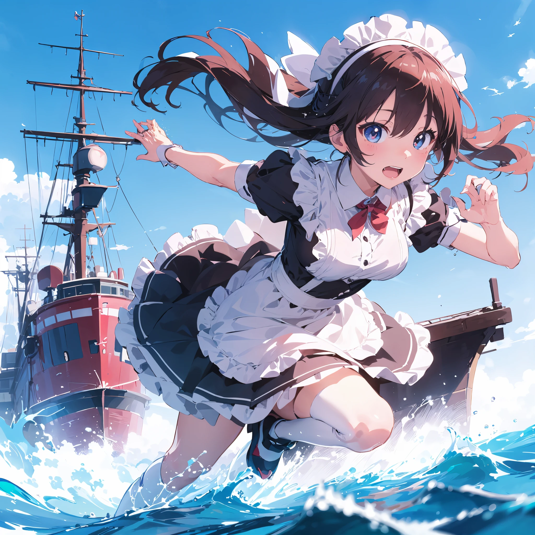 Anime girl in a maid costume running on a ship at sea, Kantai Collection Style, kancolle, konpeki no kantai, splash art anime loli, anime girl walking on water, Anime! 4K, Anime! 4 k, Lori, lolish, art of kirokaze pixel, from the azur lane videogame, official artwork