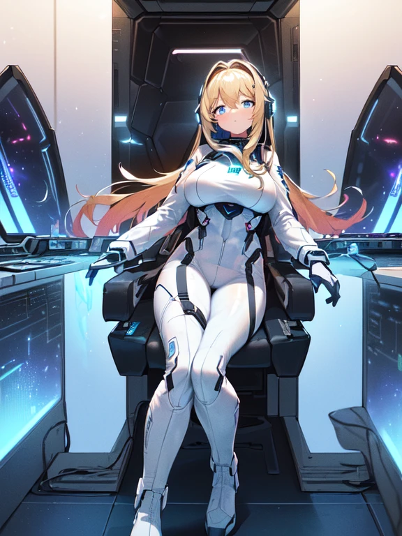 ​masterpiece:1.4, 1girl in ((20yr old, Wearing a futuristic white and silver costume, Tight Fit Bodysuit, long boots, Very gigantic-breasts, Multicolored blonde hair, a short bob, Perfect model body, Blue eyes:1.2, Wearing headphones, Looking out the window of the futuristic sci-fi space station、While admiring the beautiful galaxy:1.2, SFSF control room on night background:1.1, Neon and energetic atmosphere:1.2)) ((Galaxy))